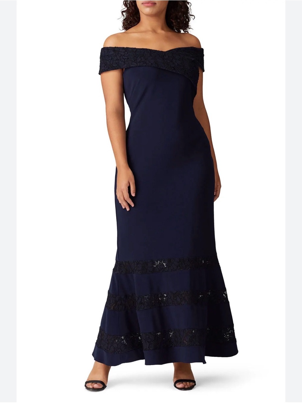 Ralph Lauren Navy Claudinah Off Shoulder Crossover Lace Inset Formal Dress 18 2X